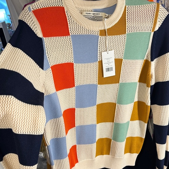 Tory Sport Sweaters - Tory Sport Colorblock Checker Knit Sweater in Ivory, Blue, Mustard & Coral